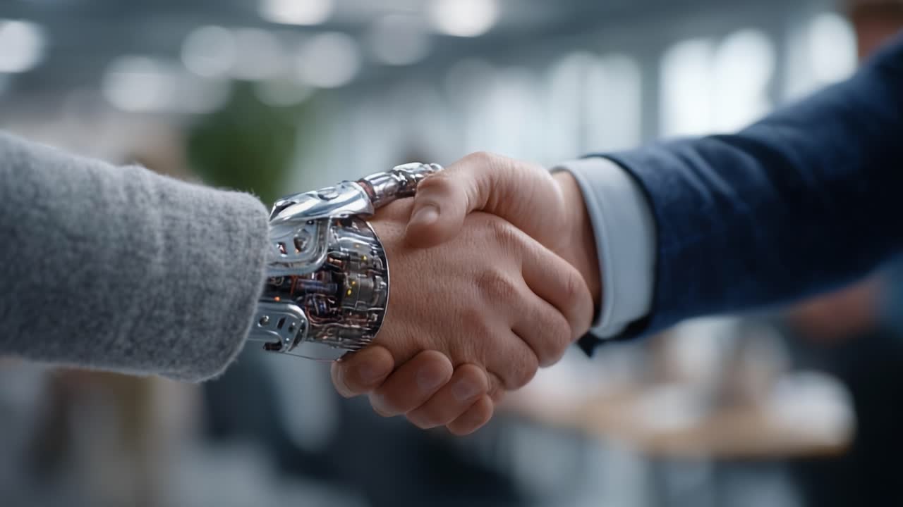 A Moment of Connection: A Human Handshake with a Futuristic Robotic Arm Symbolizing the Balance Between Technology and Humanity in an Innovative Workspace