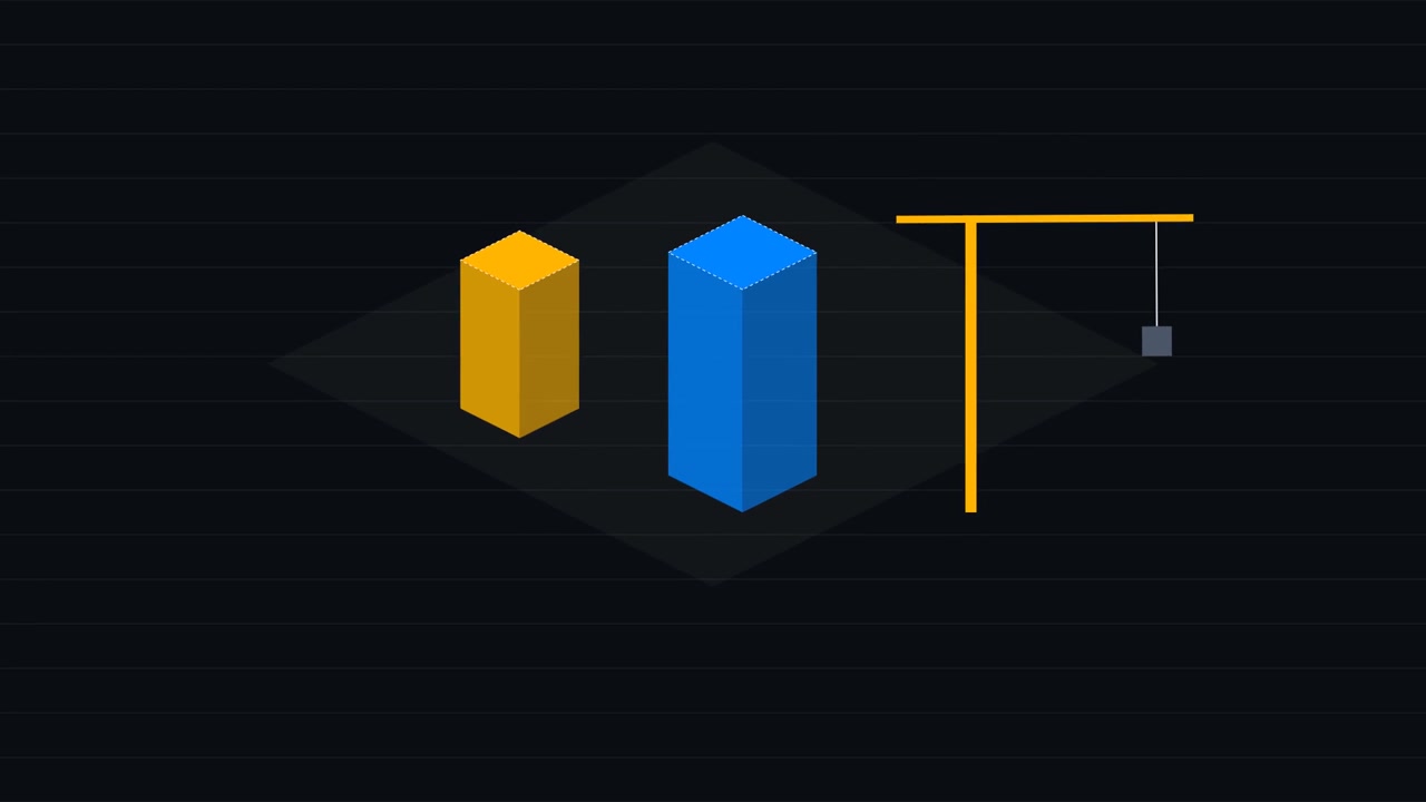 Isometric 3D Bar Chart Animation with Swinging Crane