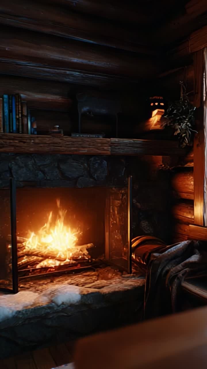 A Cozy Winter Retreat: The Warm Glow of a Fireplace in a Cabin Surrounded by Snowy Landscapes, Invoking Comfort and Tranquility During the Chilly Season, Perfect for Relaxation and Reflection
