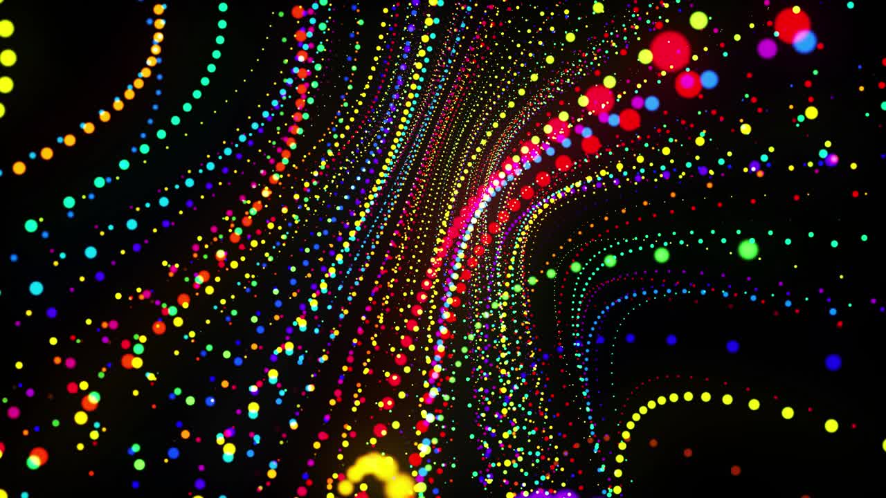 fondo de bucle 3d abstracto con partículas brillantes alineadas en una fila a lo largo de líneas curvas en el espacio 3d. bucle vj festivo con partículas multicolores y cámara animada suave. fondo de diseño de movimiento.