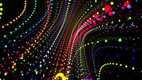fondo de bucle 3d abstracto con partículas brillantes alineadas en una fila a lo largo de líneas curvas en el espacio 3d. bucle vj festivo con partículas multicolores y cámara animada suave. fondo de diseño de movimiento.
