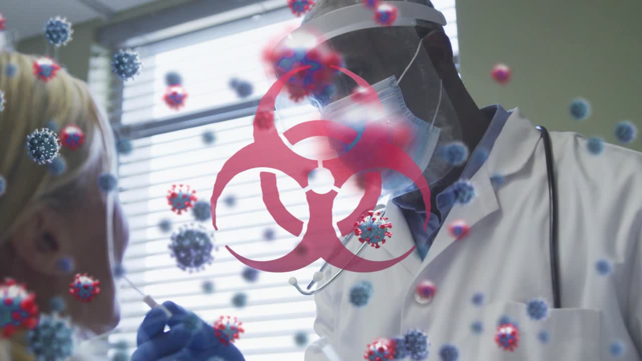 Doctor leaning toward patient doing nasal swab for medical test with biohazard and virus overlaying