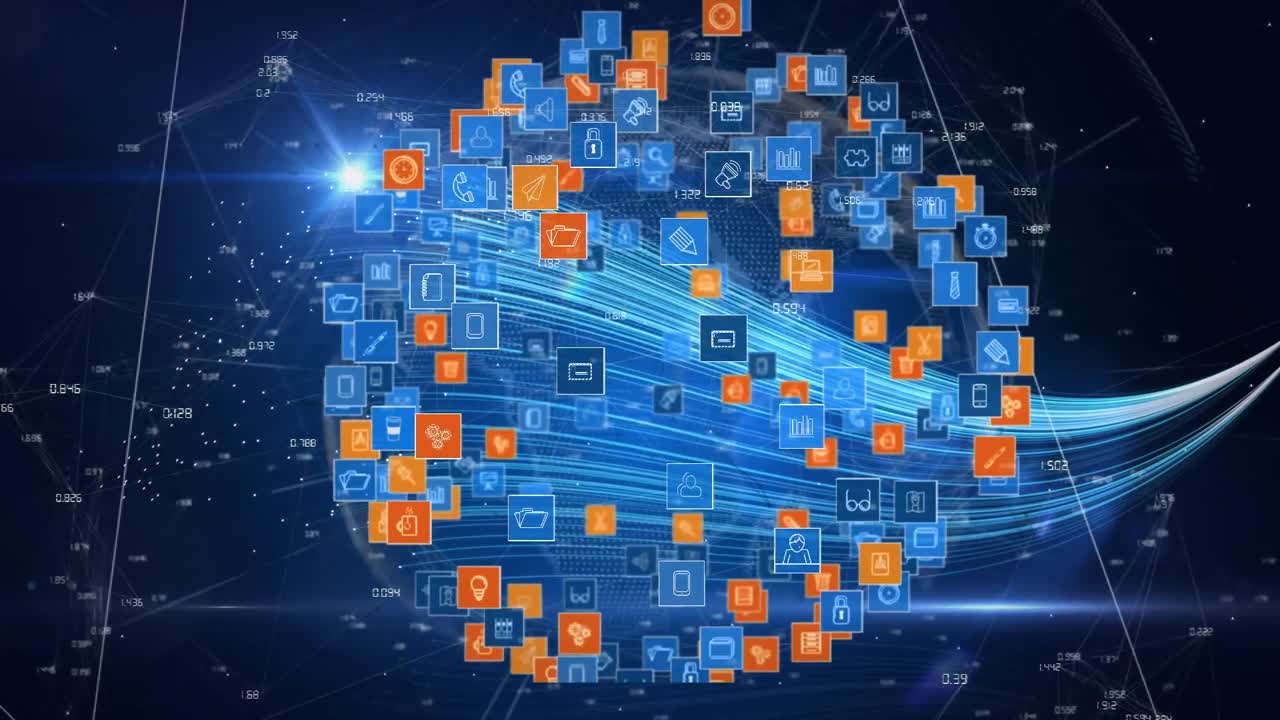 red de iconos digitales sobre un globo giratorio contra rastros de luz en fondo azul