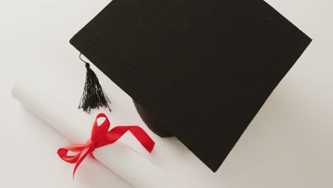 video of graduation hat and diploma on white surface