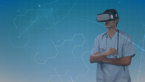 animation of network of connections and data processing over male doctor wearing vr headset