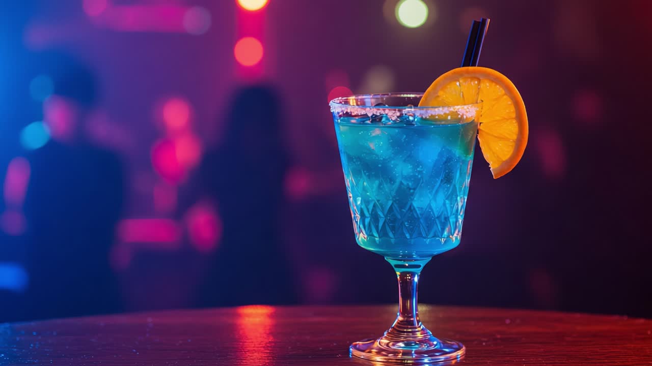 A Vibrant Blue Cocktail with a Colorful Garnish Captured in a Lively Bar Atmosphere, Highlighting the Refreshing Drink and Dynamic Lighting Effects