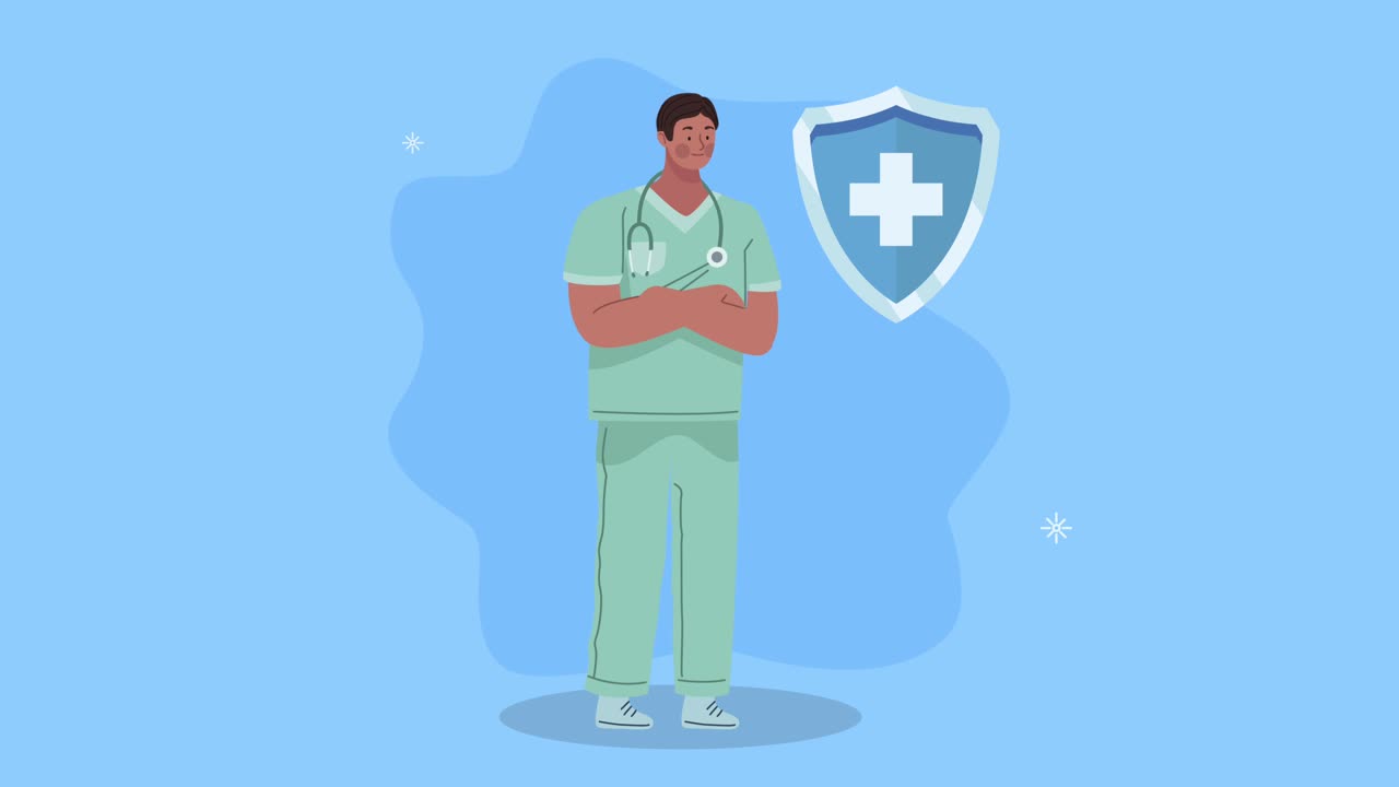 Professional doctor with shield character | Premium Stock Video Footage