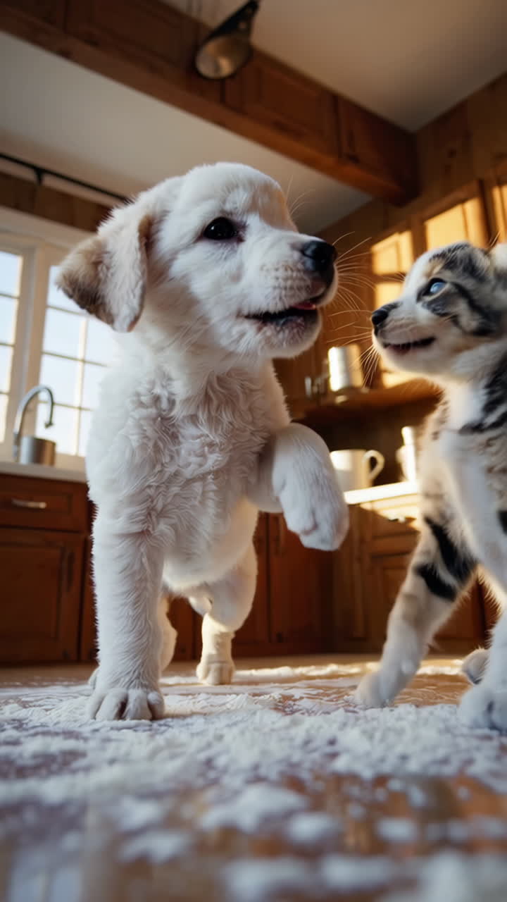 Puppy and Kitten Play in the Kitchen