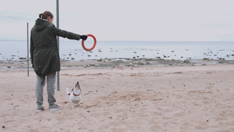 mujer jugando con el perro en la orilla del mar