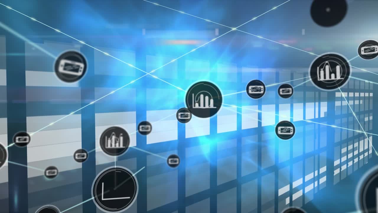 Animation of network of connections with digital icons over data processing