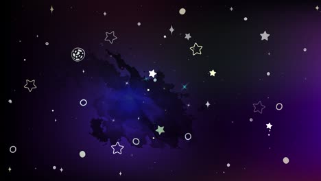 dark purple space with stars and flying ufo icons in 4k video.