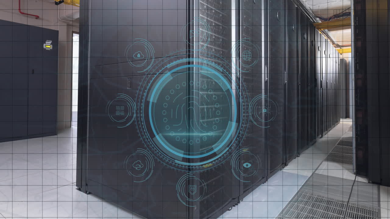 Animation of digital icons and fingerprint biometric scanner against computer server room