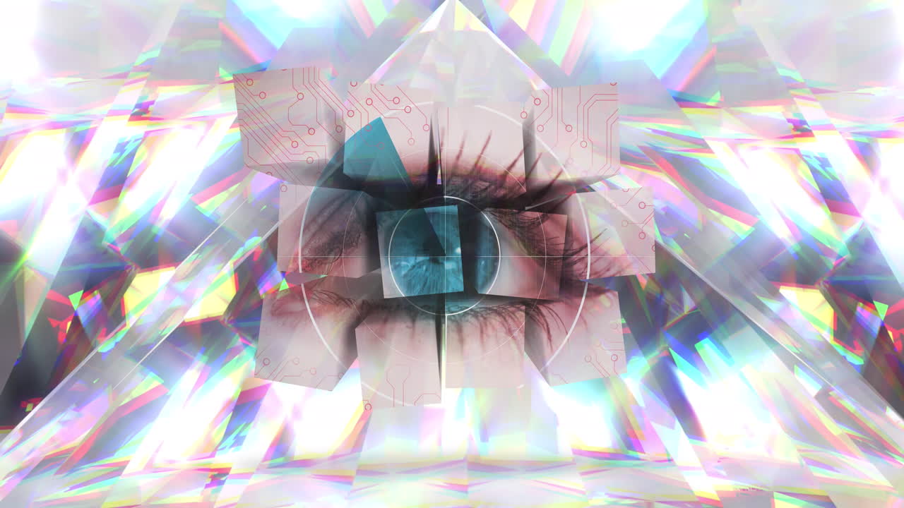 animación de escaneo de alcance con cubos y ojo sobre cristales brillantes