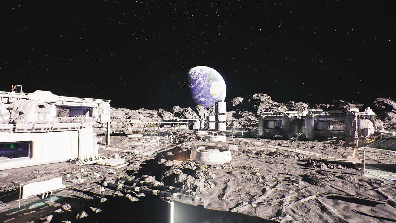 Lunar settlement featuring earth above and shadowed pathways