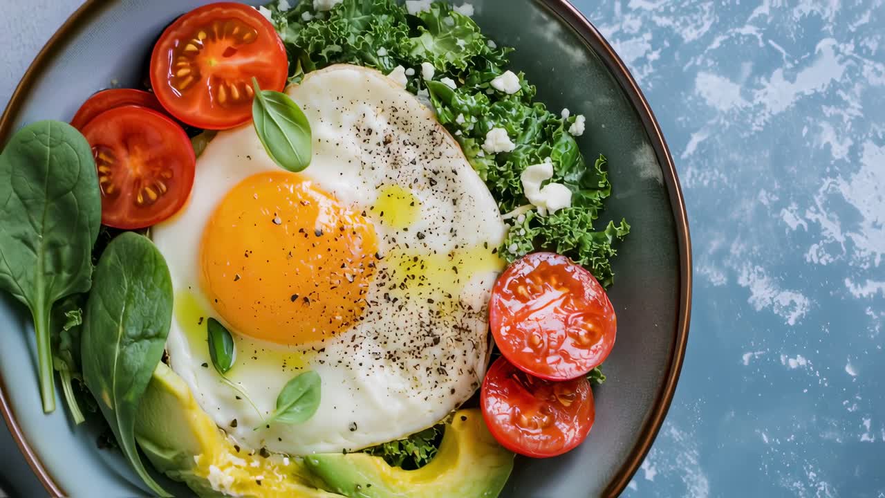 Nutritious breakfast bowl featuring vibrant fried egg, crisp kale, creamy avocado, ripe tomatoes, and fresh spinach, accompanied by pepper and classic cutlery on blue surface
