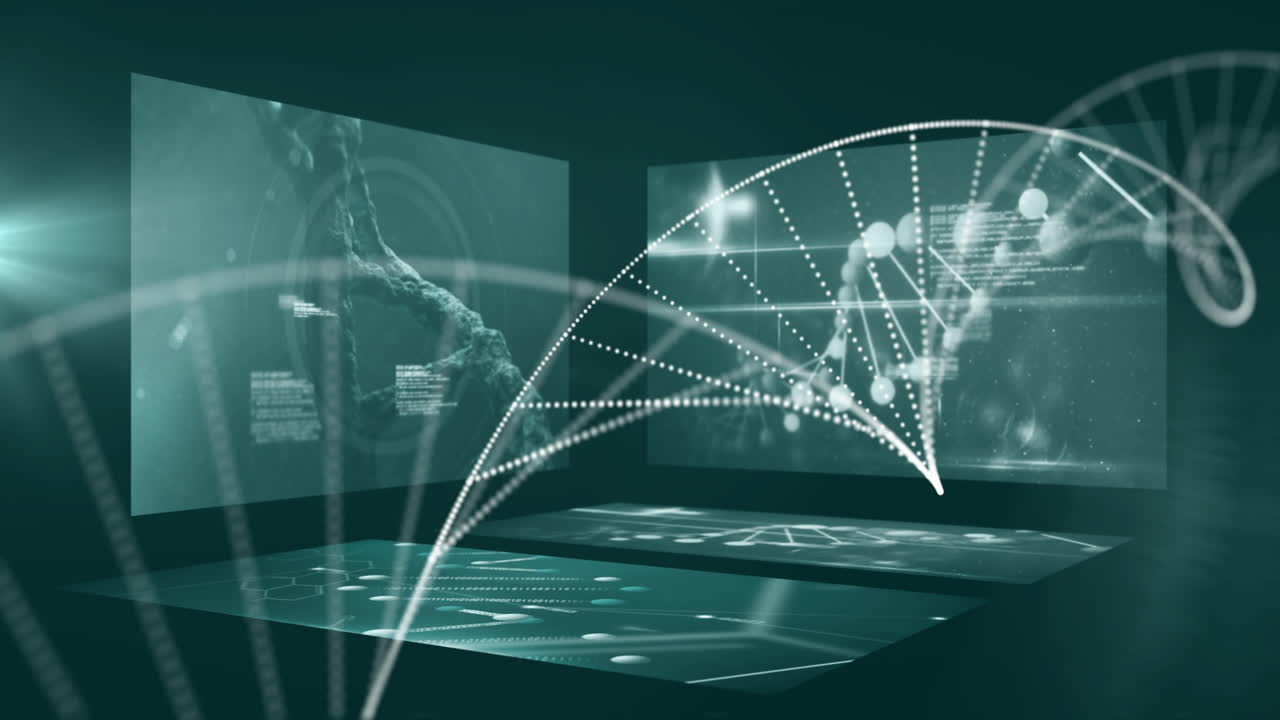 검은색 배경에서 데이터 처리에 대한 dna 가닥의 애니메이션