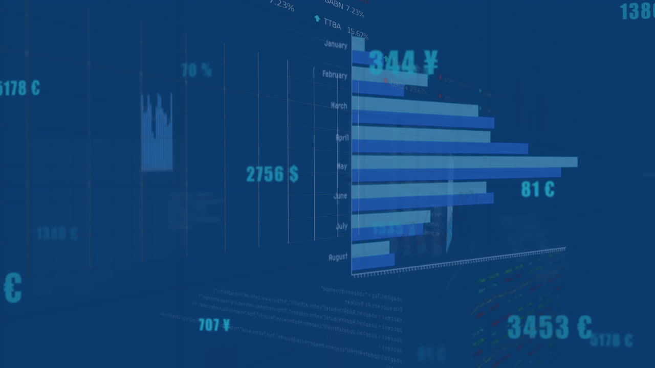Animation of statistical and stock market data processing against blue background