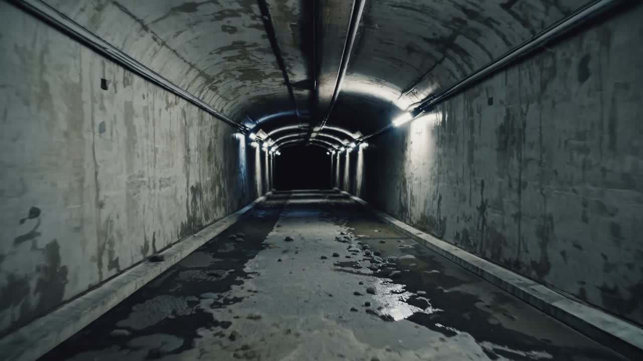Dark tunnel scene with illuminated walls and wet floor, showcasing the gradual transition from light to shadow, creating an atmospheric journey through the passageway