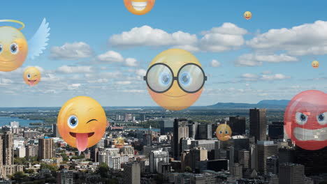 animation of emoji icons flying up over cityscape