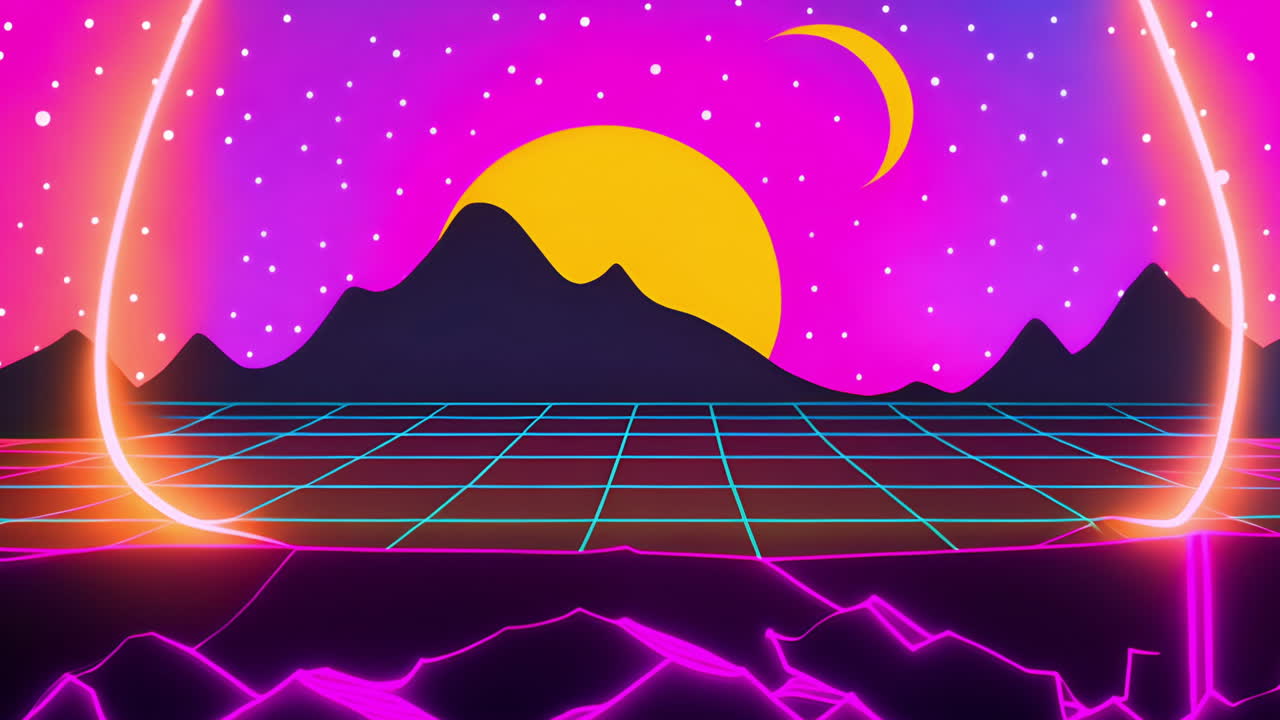 Retro futuristic landscape with neon grid and mountains, 80s style animation