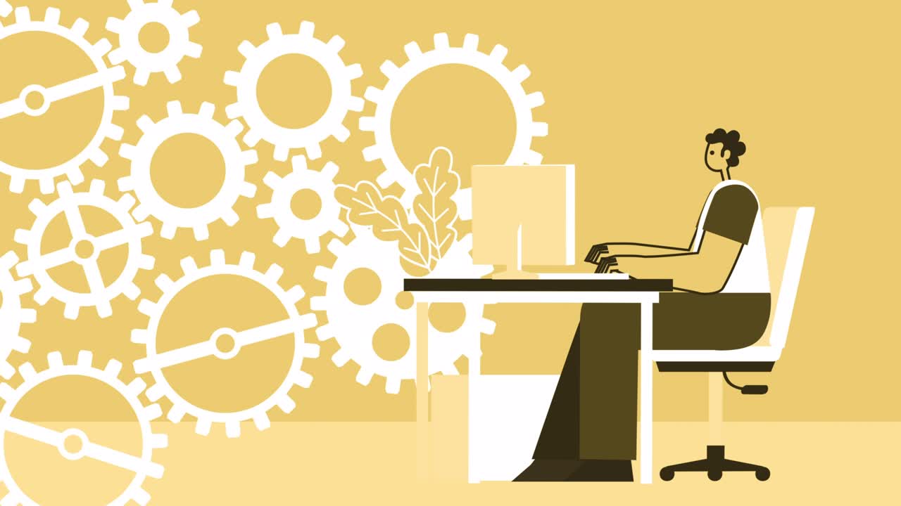 желтый стиль мужчина и женщина плоский характер работа онлайн с компьютером на рабочем месте цикл анимации