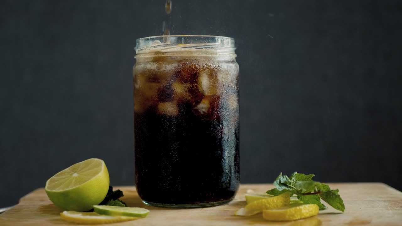 라임 과 민트 조각 으로 둘러싸인 얼음 이 있는 컵 에 상쾌 한 소다 를 부어 넣는 것