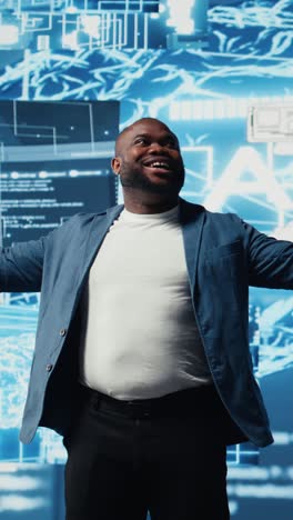 vertical video african american guy reviews smart tech ai systems to interact with cybernetics