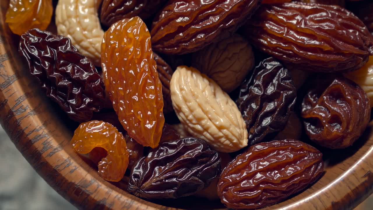 Top-down video shot of a wooden bowl filled with assorted dried fruits and nuts, showcasing a rustic