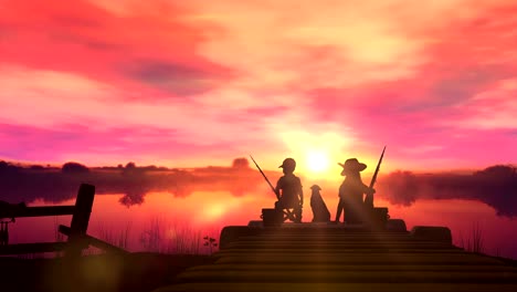 brother and sister catch fish on the lake at sunset