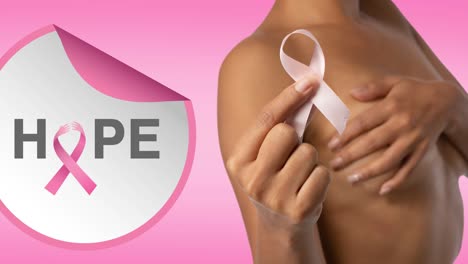 animación del logotipo de la cinta rosa con texto de esperanza sobre la mujer que cubre el pecho