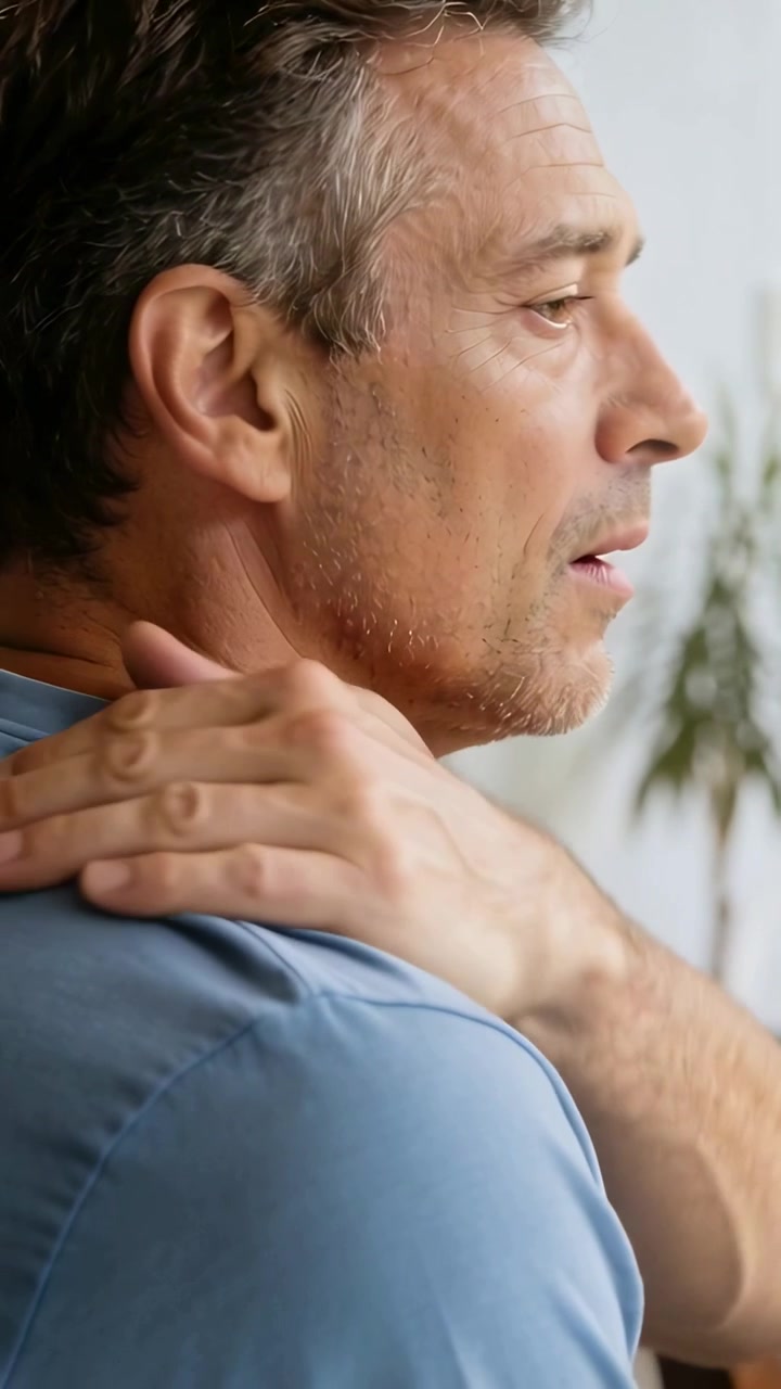Video verticale: Uomo con maglietta blu che si sente rigido, si massaggia la spalla sinistra e il collo a casa, con spazio per il testo.