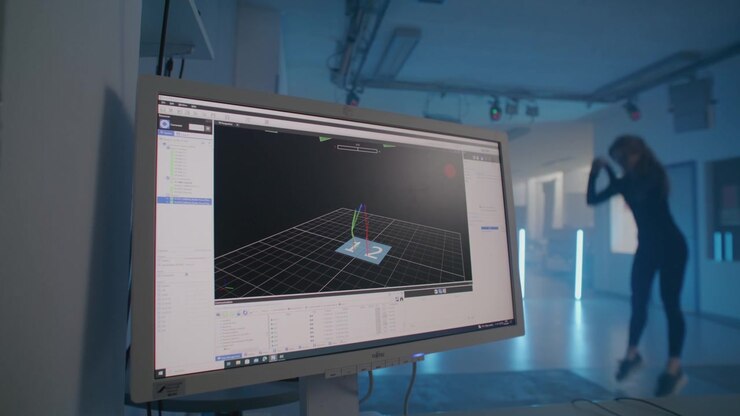 Computerskærm, der viser virtuelt gitter, kvindelig springteknik.