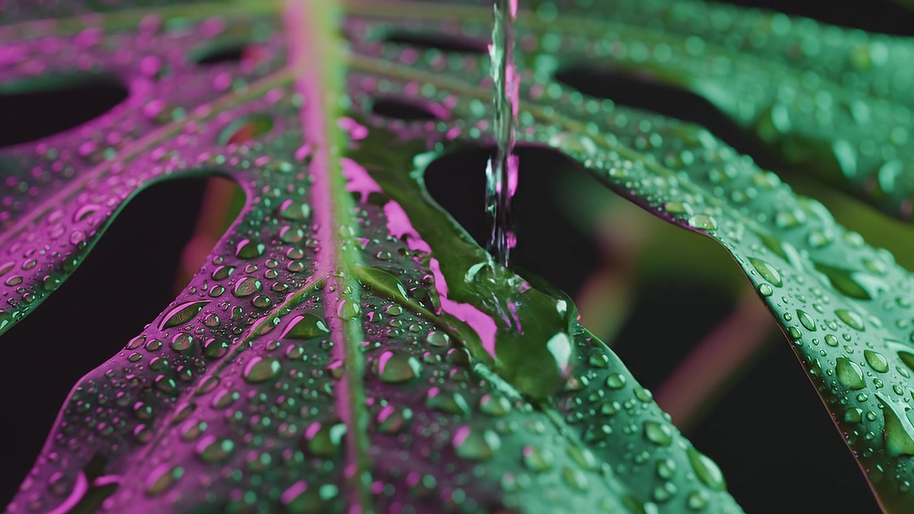 Foglia di Monstera con gocce d'acqua in rosa neon e verde
