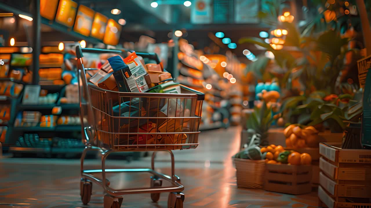Shopping Cart Filled with Groceries in a Supermarket Ael