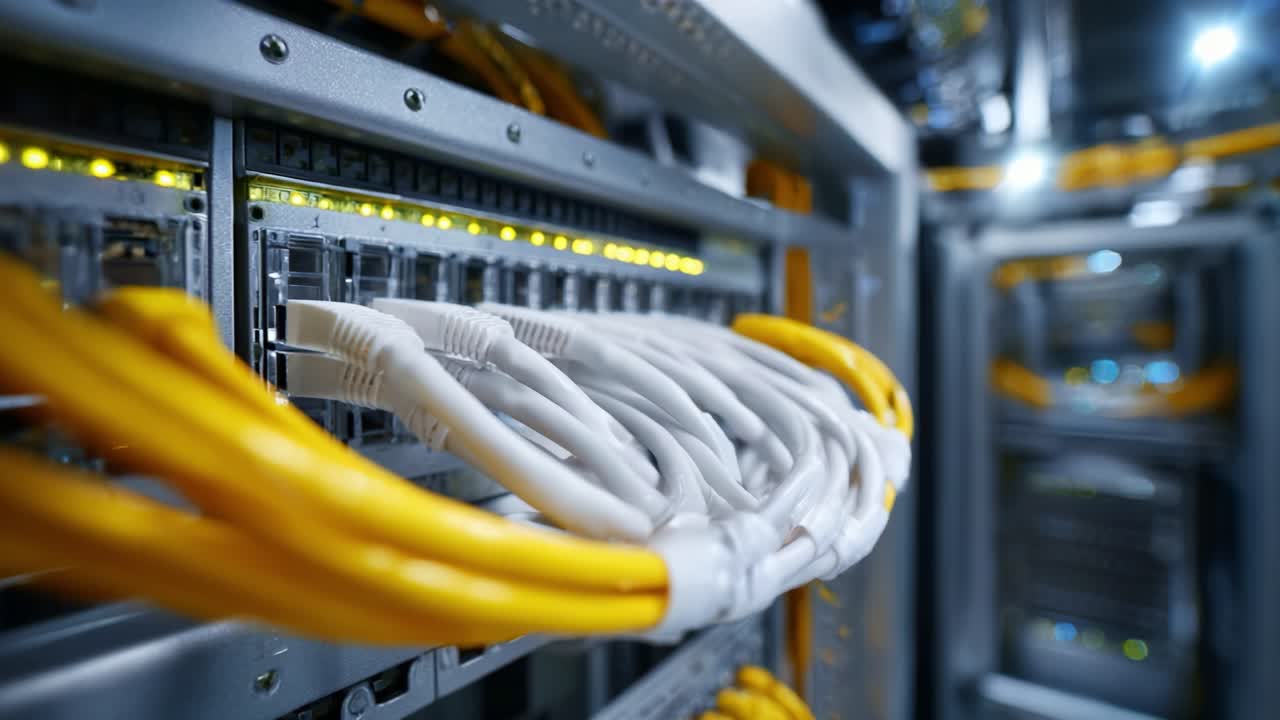 Detailed Close-Up of Network Cables in a Data Center Rack, Showcasing High-Speed Internet Connectivity and Telecommunications Infrastructure