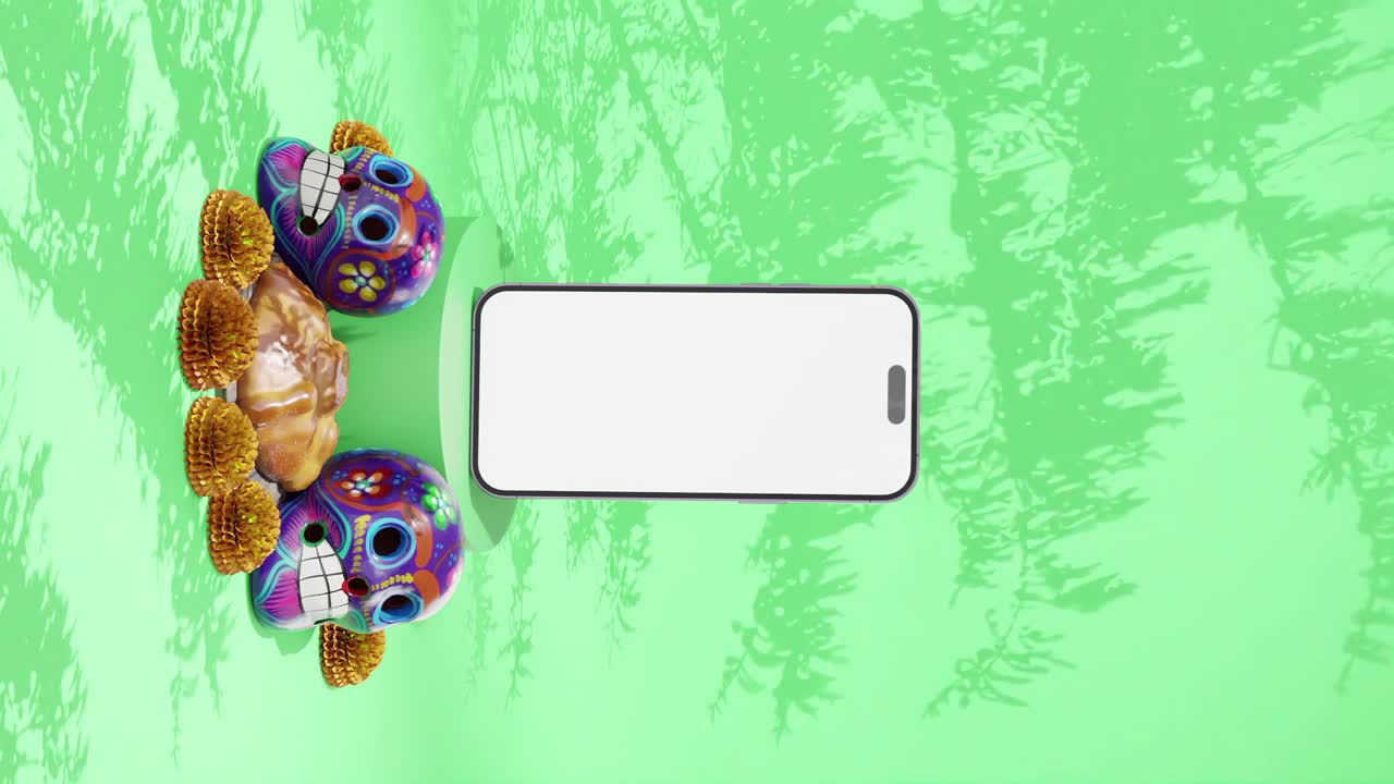 altar con teléfono inteligente, calaveras y flores de caléndula fondo verde copyspace