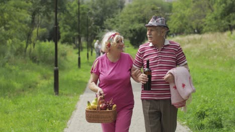 family weekend picnic. active senior old grandparents couple in park. husband and wife walk together