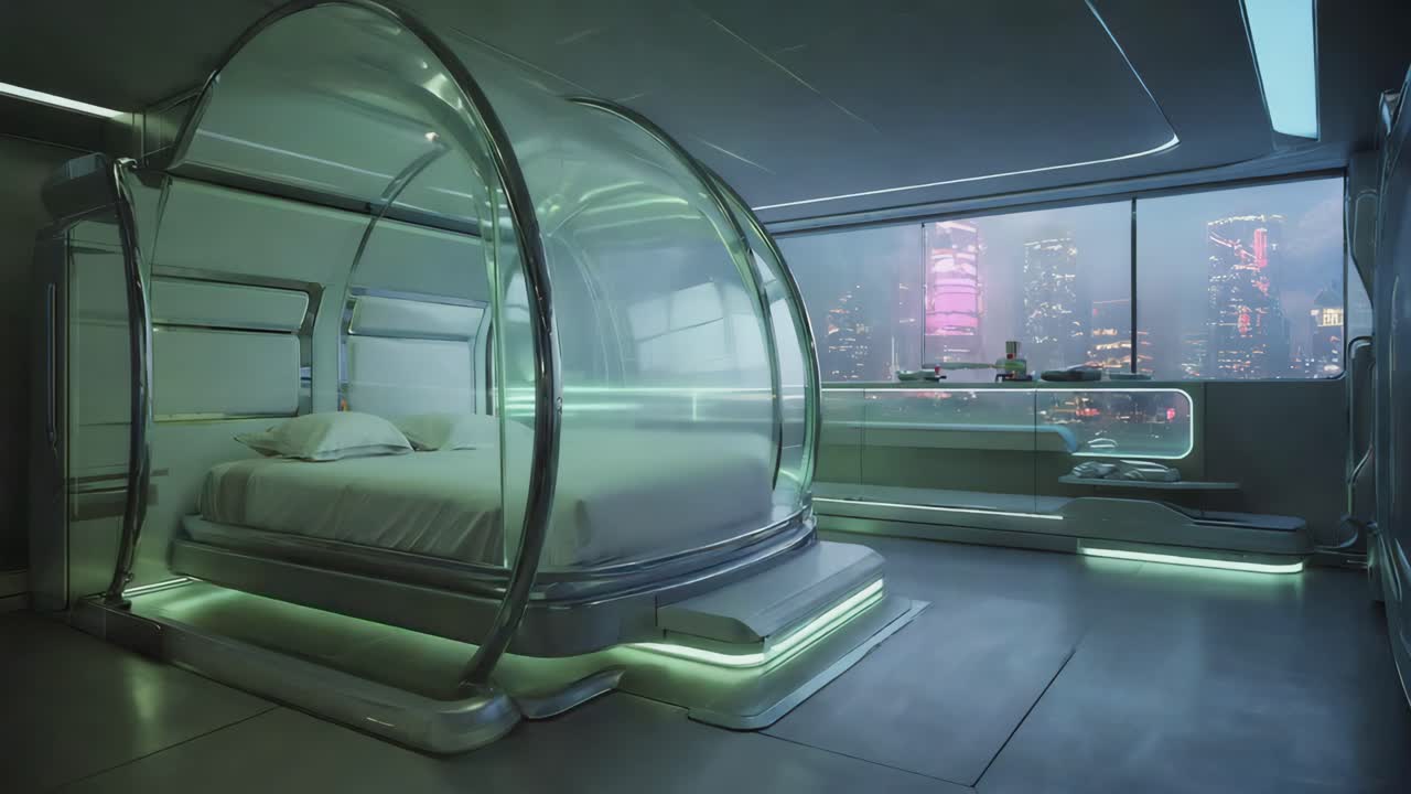 Futuristic Bedroom with Pod Bed and Neon Lighting