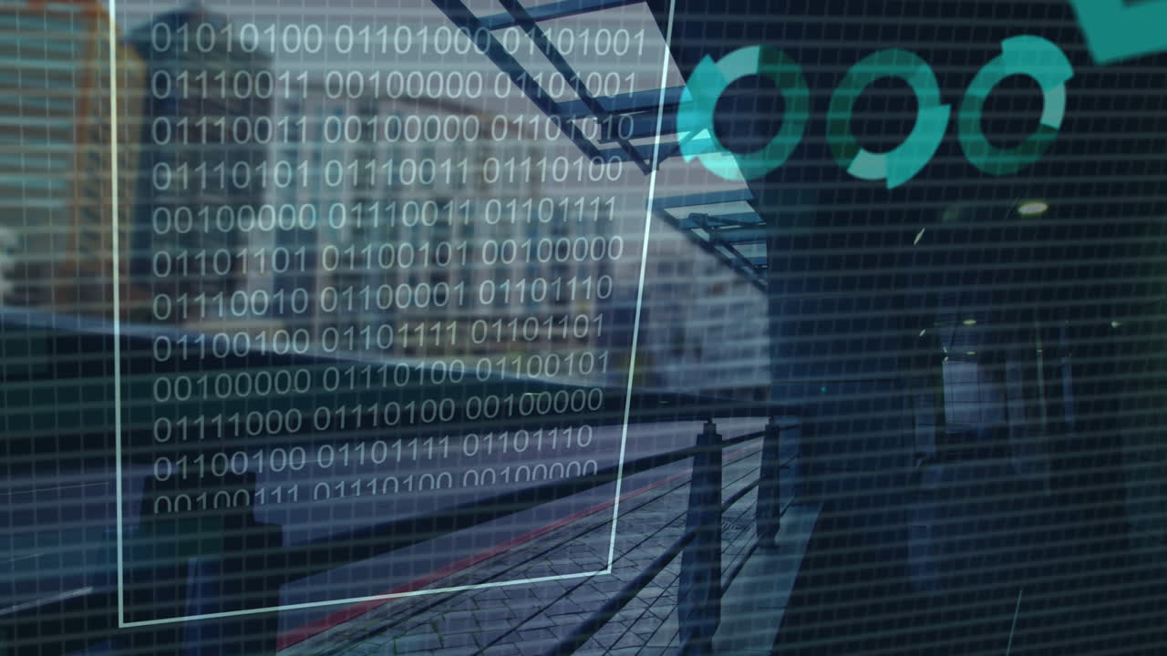 Animation of financial data processing and binary coding over city street