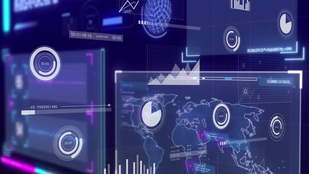 Digital data analytics and graphs animation over world map interface