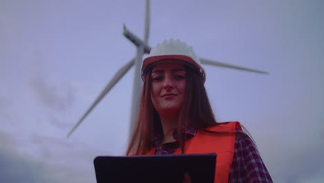 young female engineer checks windmill stats on tablet then smiles to camera