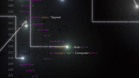 Animation of data processing and mathematical equations over connecting dots on black background