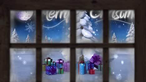 Animation-of-snow-falling-over-christmas-greetings,-gifts-and-winter-scenery-seen-through-window