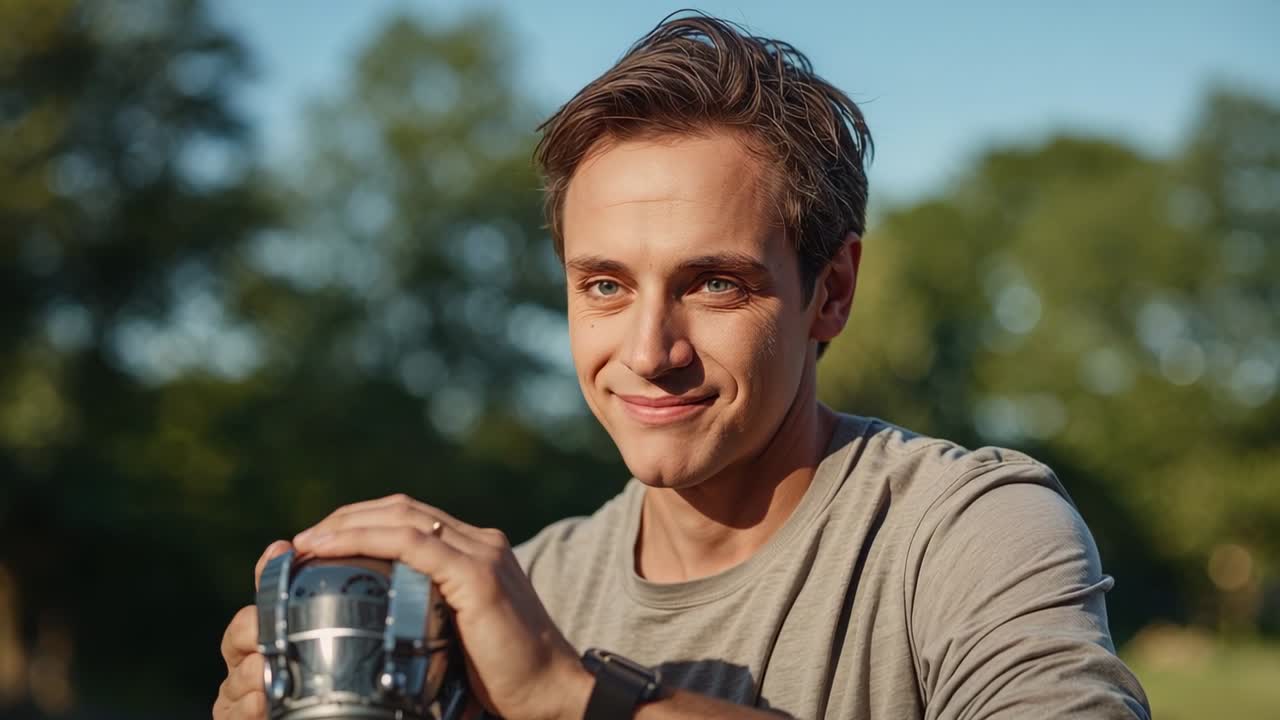 Camera centering adult man adjusting reel preparing to fish in park, wearing gray tee, watch, ring