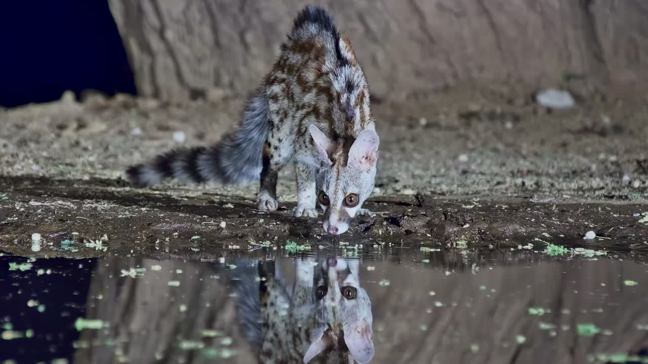A beautiful and elusive large-spotted genet drinks from a watering hole at night