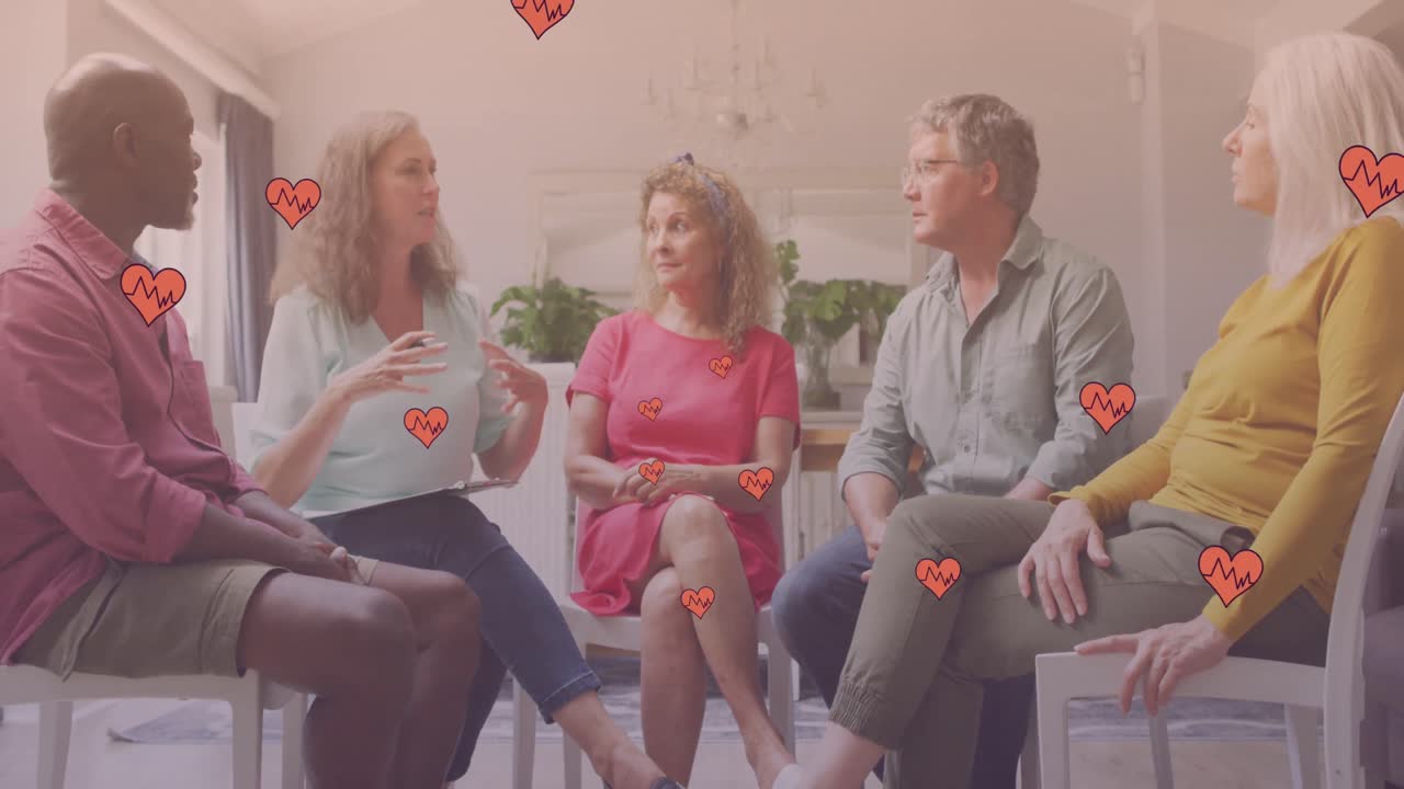 다양한 노인 그룹에 대한 무너지는 마음의 애니메이션