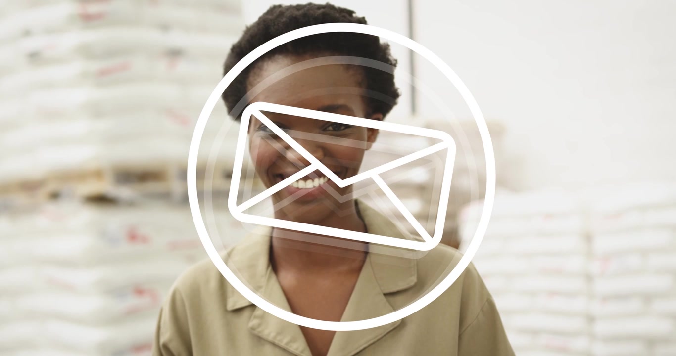 Writing woman in beige shirt with clipboard and pen in depot, circular graphic shifting to envelope