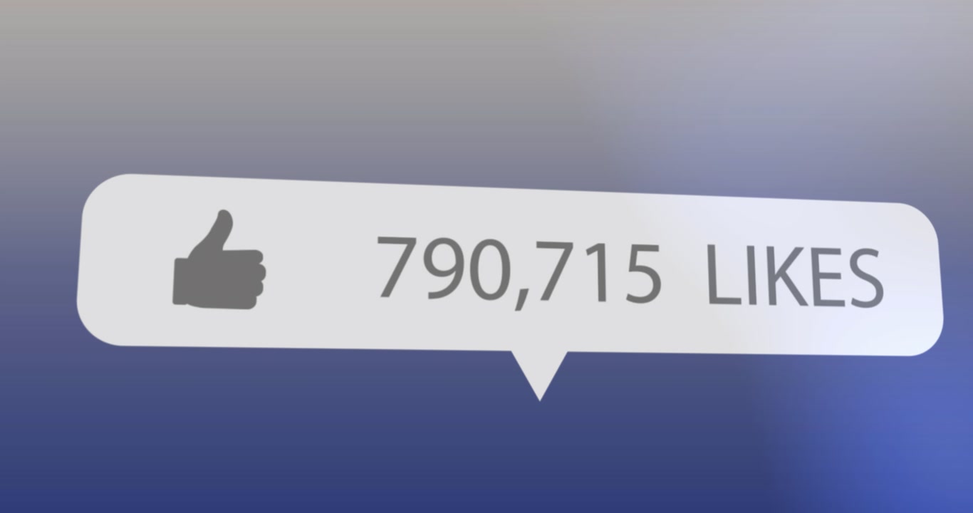 Animation of like icon with increasing numbers on speech bubble against blue gradient background