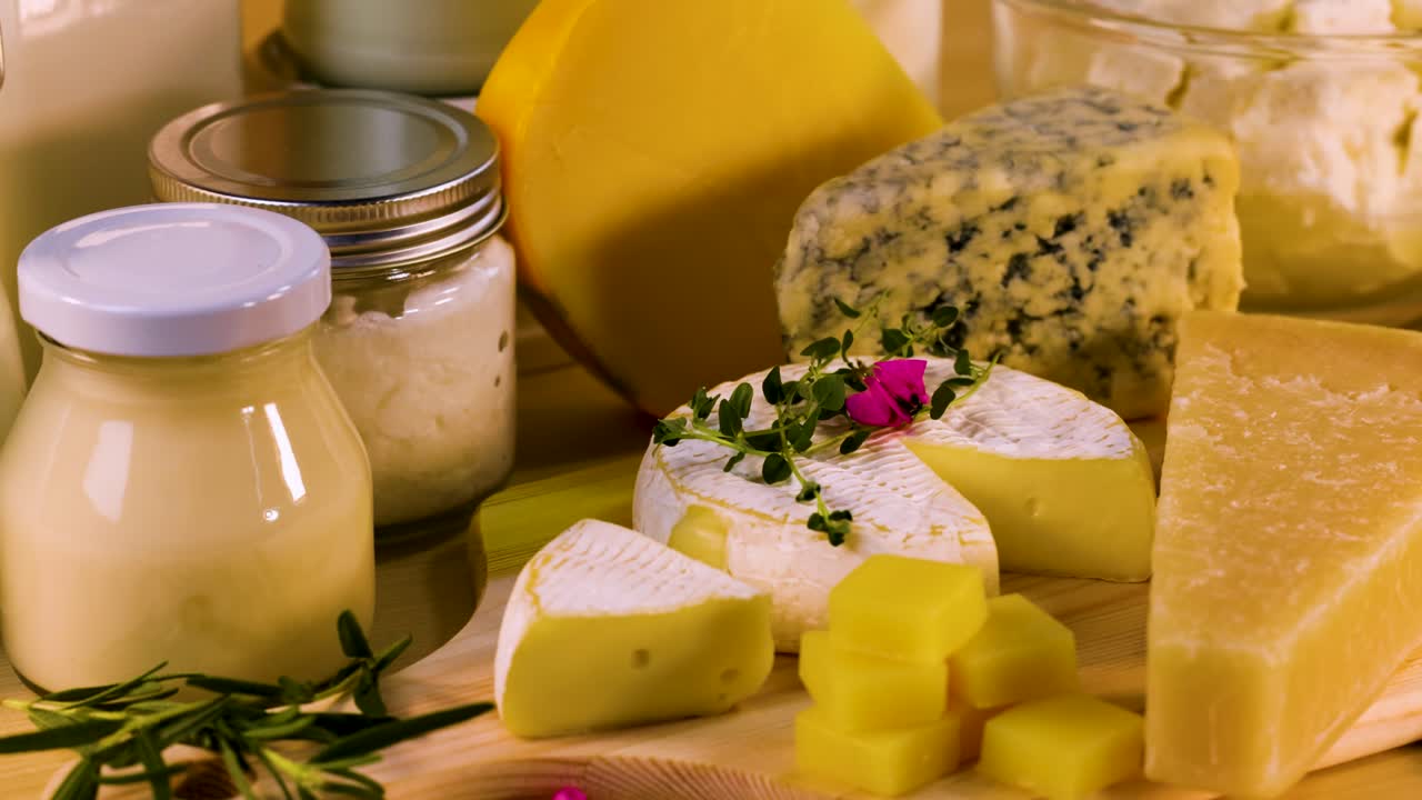 테이블 에 배열 된 여러 가지 유제품