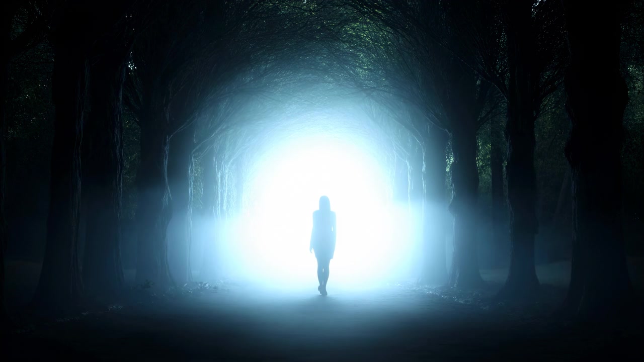 Silhouette che cammina verso una luce brillante del tunnel, figura solitaria emerge da un sentiero boschivo in ombra verso una luce accecante